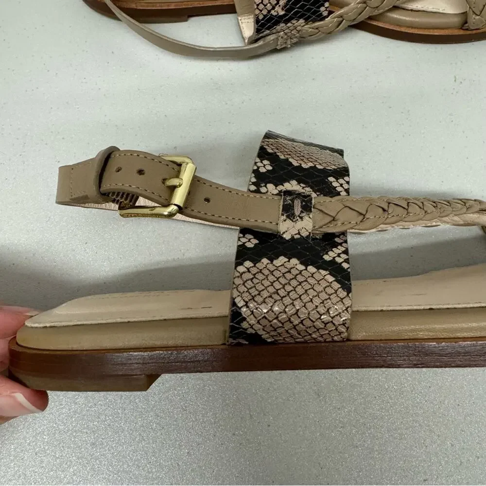 Cole Haan Grand Series Strappy Leather Sandals Women 8.5 Snake Print Cream Beach